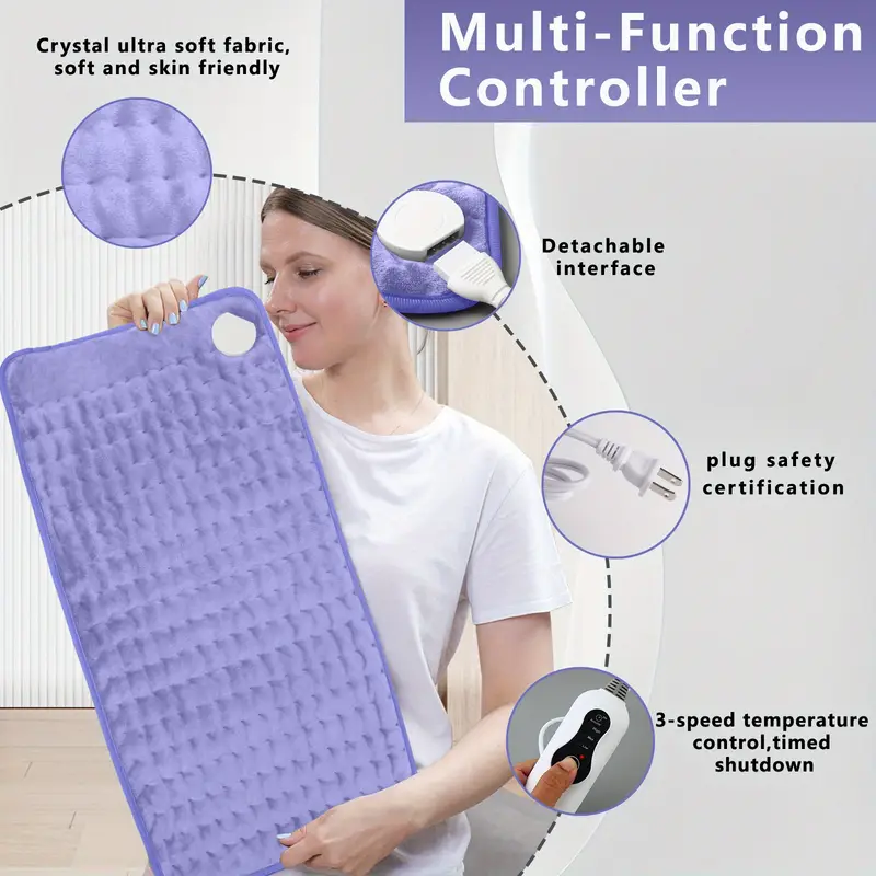 large size electric heating pad 24x12 portable shoulder back leg abdominal heating light beige friendly fabric quick heating to 140 f temperature control double sided heating 2 hour timer closed machine washable and dryable Product details 2