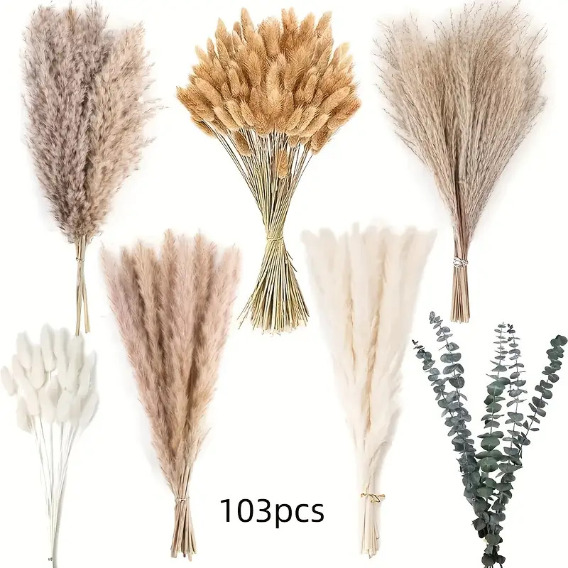 TEMU 103 Artificial Pampas Grass Decorations, 5 Types Of Bohemian Wedding Bouquets, Synthetic Gemstone Party Table Arrangements, Suitable For Country