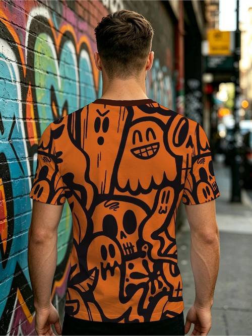 printed design not textured for halloween themed printed t shirt featuring cartoon style horror characters made of lightweight fabric with a round neck and short sleeves machine washable suitable for halloween celebrations