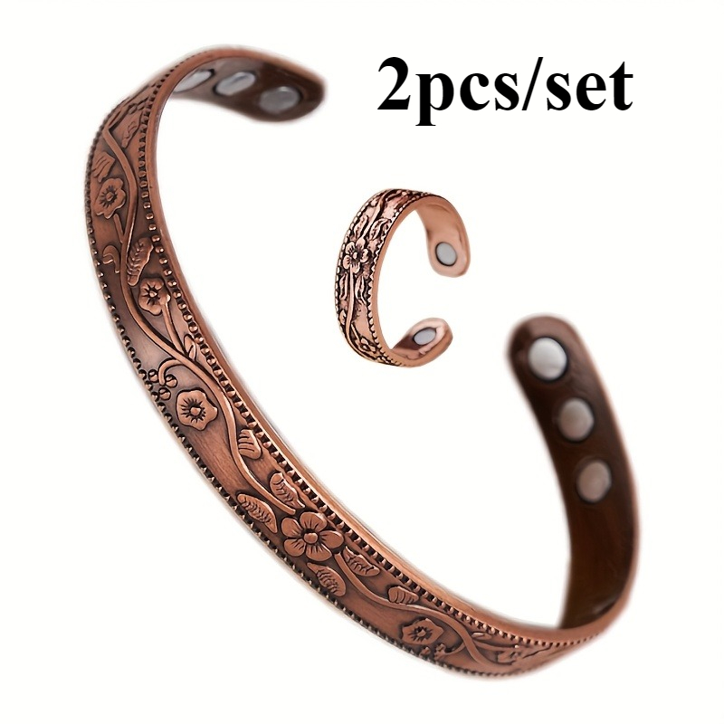 TEMU Ro 2pcs Men's Magnetic Bracelet And Alloy Ring Set, Women's Adjustable Magnetic Bracelet And Ring Set, Vintage Alloy Bracelet Management