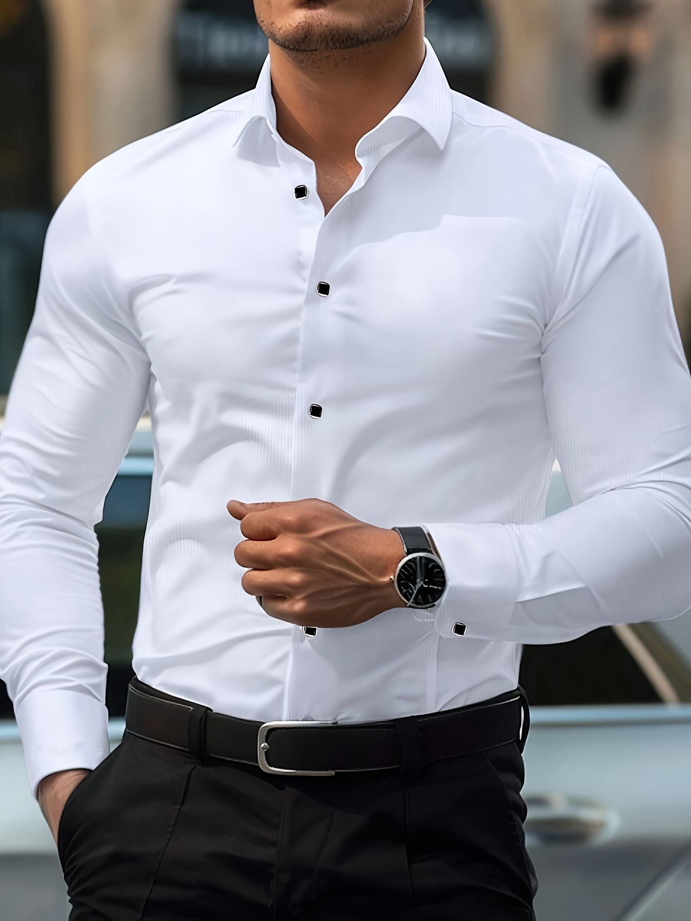 Camisa negra de manga larga para hombre con diseño geométrico - Corte ajustado, material de poliéster ligero, ideal para eventos casuales o formales, top versátil | Look elegante | Tacto suave