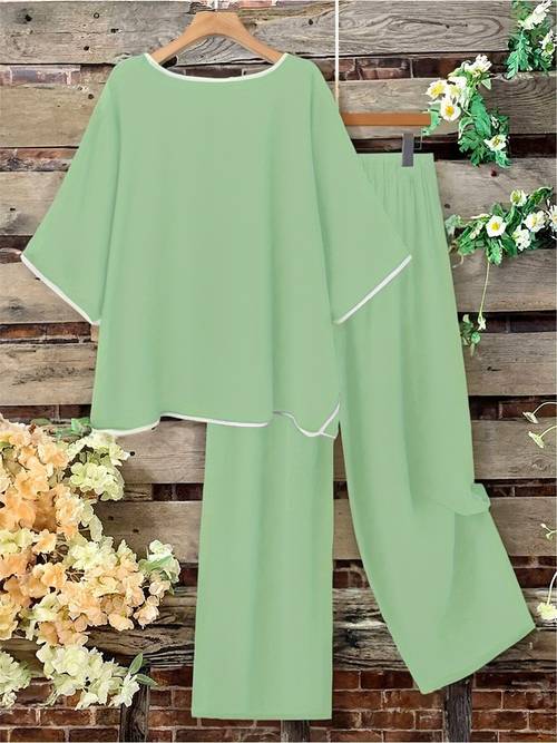 plus size womens lounge set comfortable short sleeve top elastic waist pants solid color 2pcs outfit