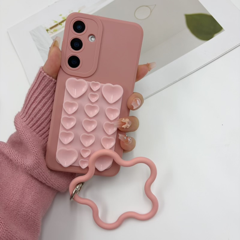 TEMU Phone Case: Stress-relief 3d Heart Suction Cup Phone Case With Flower-themed Hand Strap Wristband Design, Full Lens Coverage Drop-proof Trendy