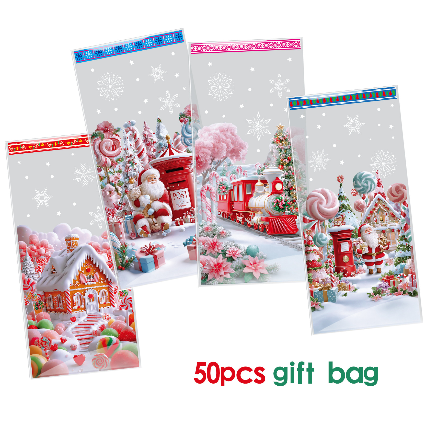 TEMU Lot de 50 sacs cadeaux de Noël Père Noël, sacs en cellophane OPP transparent avec attaches torsadées dorées, pour le réveillon de Noël