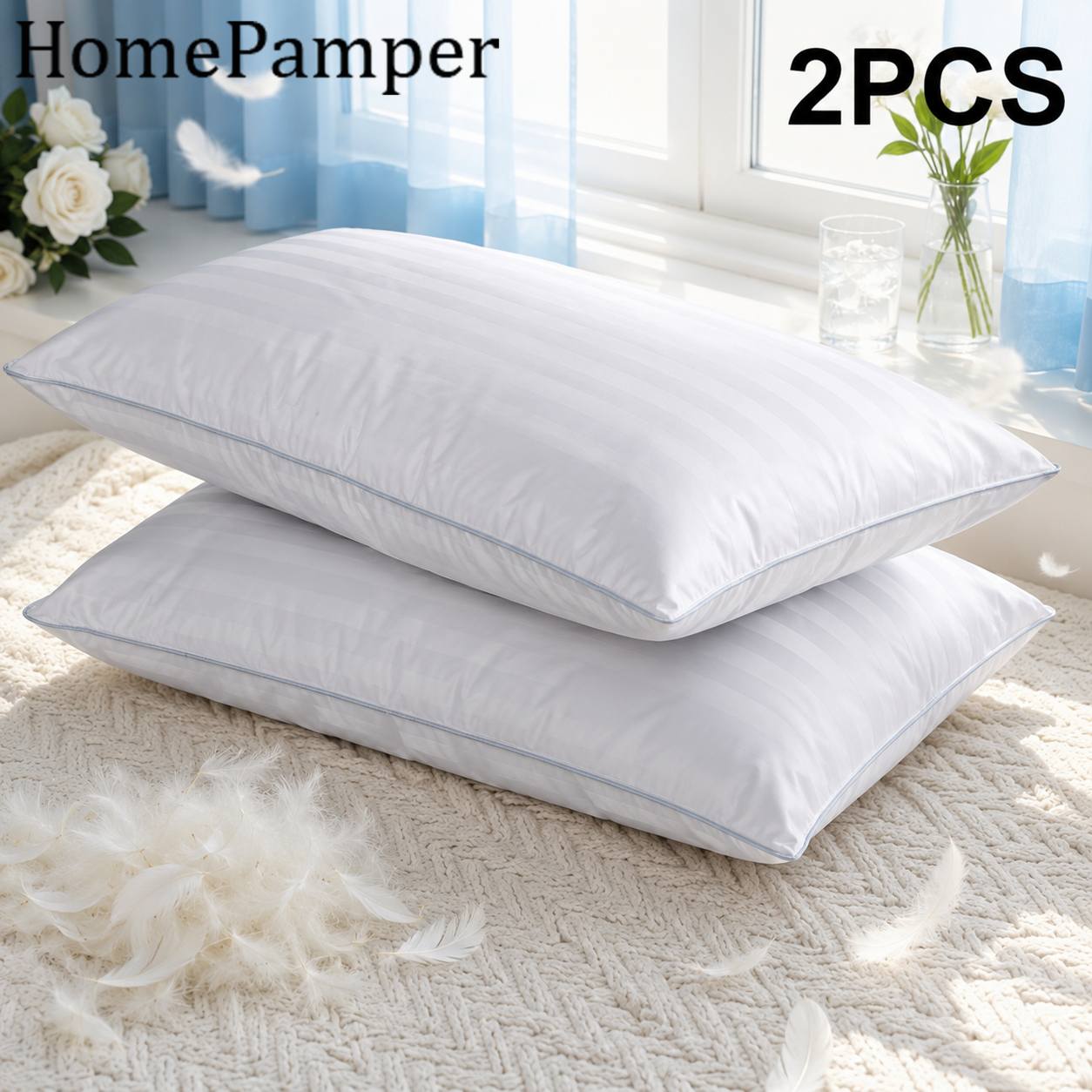 Image of 1/2pcs European Size Feather & Down Pillow - 40x80cm Suitable For Home Bedroom, Hotel Bed, Double Layer Down Proof Cover, Quilted Bedding With Down & Feathers, Machine Washable Modern Bed Pillows For