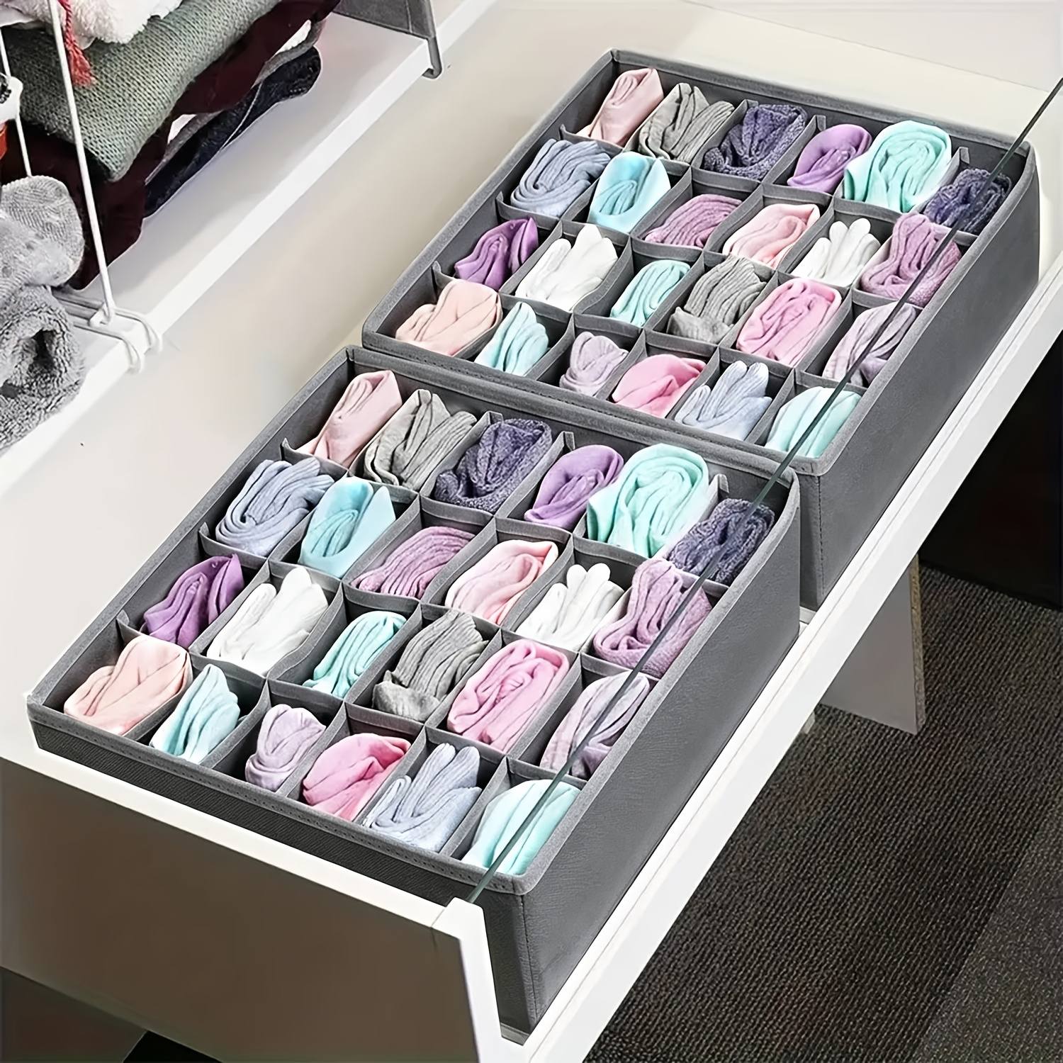 TEMU 2pcs Set Of Sock Drawer Organizer Dividers And Underwear Storage Boxes, 24-grid Foldable Closet Cabinet Organizer, For Storing Socks,