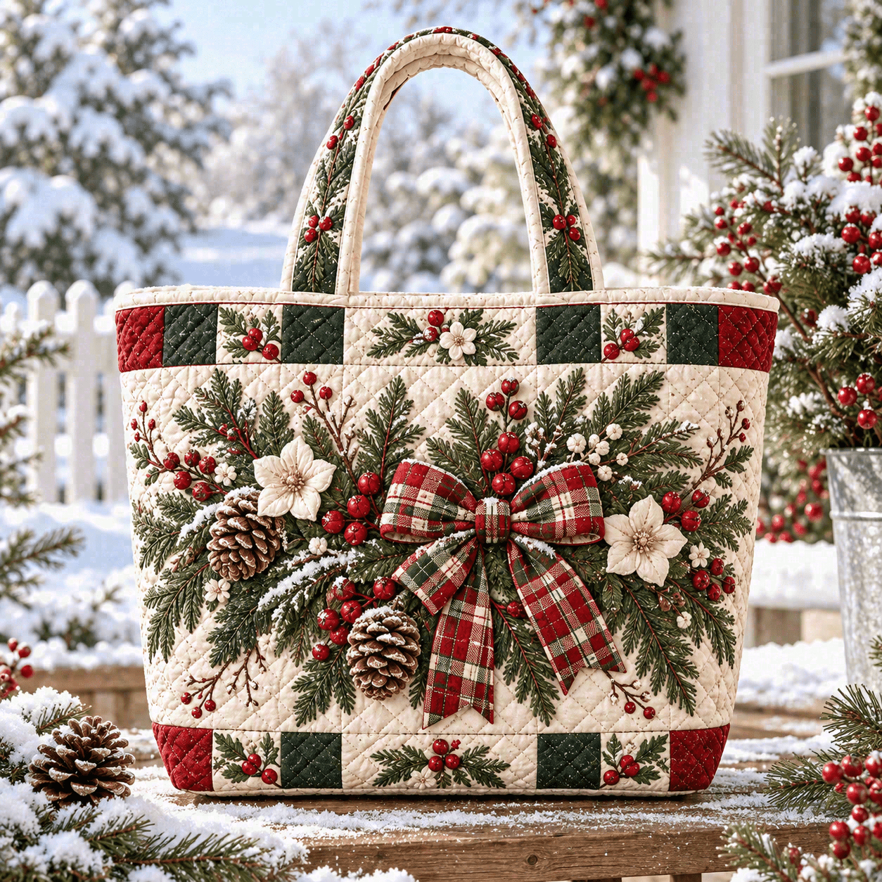 TEMU Women's Retro Quilted Tote Bag Suitable For Christmas Holiday Gift - Large Capacity Lightweight Carryall With Pine Branch & Red Bow Berries