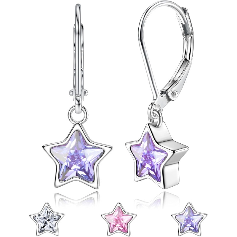 Image of 1pair 925 Sterling Silver Leverback Earrings For Women Hypoallergenic Cute Star Pendant Earrings Pink Dangle Earrings Earrings For Women Dangling