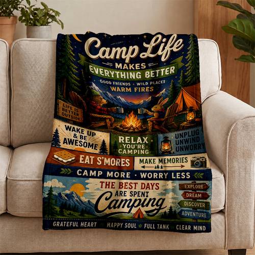 item picture camping themed printed throw blanket featuring a vintage hand painted style with designs of campfires pine forests and warm slogans warm tones create a cozy atmosphere suitable for outdoor camping friend and autumn