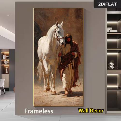 2d flat 2d flat 2d flat 1pc large frameless and white horse wall art print realistic religious poster home decor riding horse image modern church and living room decoration gift christmas decor