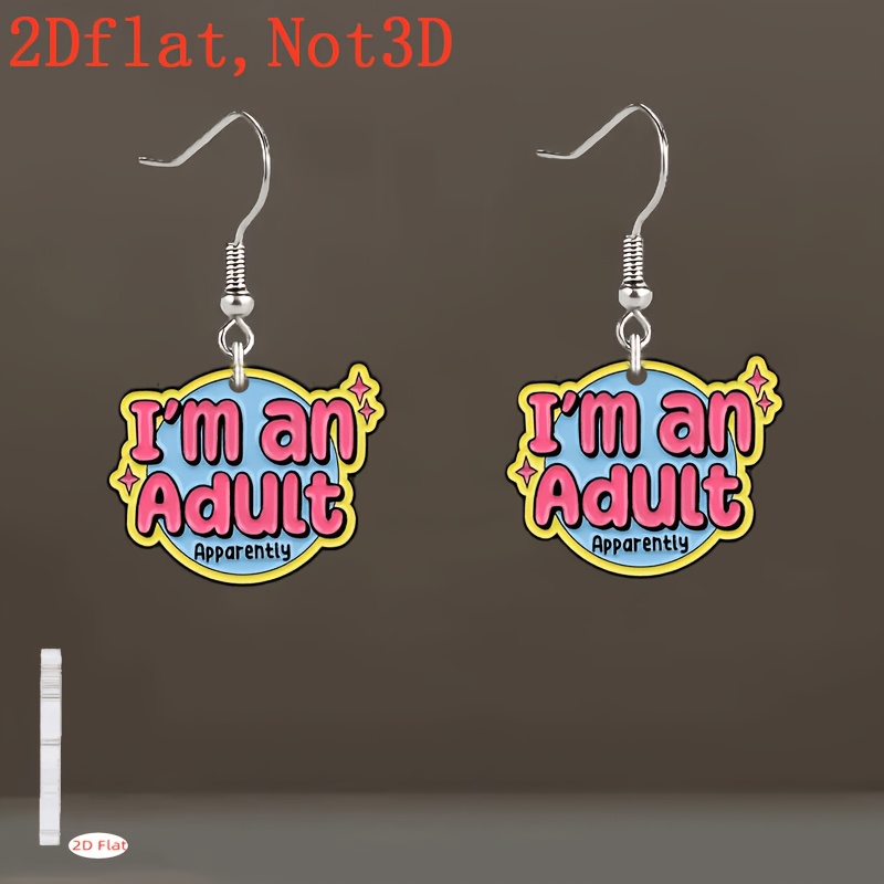 TEMU 2d Flat, "i Adult, " Funny Sarcastic Earrings - Y2k Sparkly Style 2pcs Set, Perfect Gift For And , Humorous Meme Jewelry, Ideal For Parties,