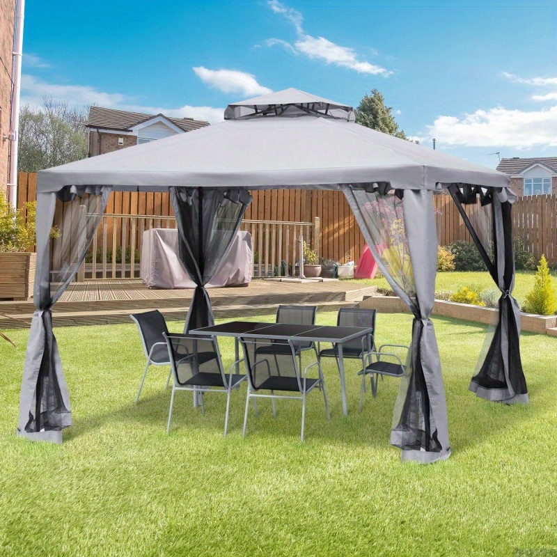 Outsunny 9.6x9.6 Patio Gazebo with UV-Blocking Canopy & Mesh Walls/Top - Heavy-Duty Steel Frame Outdoor Shelter, Easy Assembly, for Backyard, Garden, Deck, Poolside - Gray, Garden Shade, Twotier Roof, Sturdy Build, Shade Structure, Family Gatherings