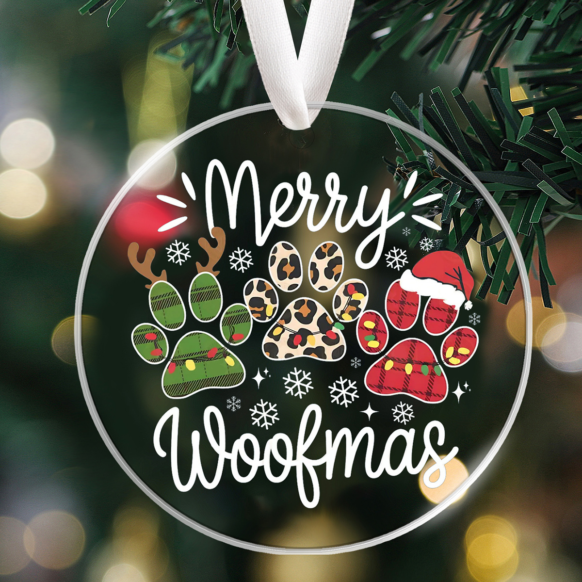 TEMU 2d Flat, Christmas Acrylic Ornament - Festive Dog Paw Print Design With Christmas Hat And Snowflakes, 2d Flat Holiday Decoration, Suitable For