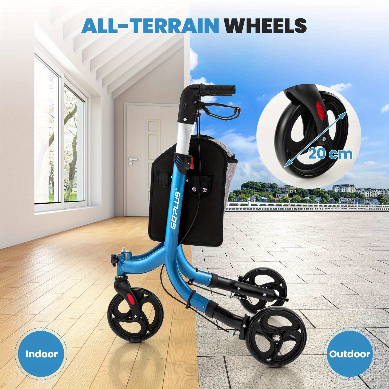 TANGKULA Heavy-Duty Foldable 3-Wheel Rollator Walker with Locking Brake System, 6-Level Adjustable Handle, Lightweight Aluminum Frame & Large Wheels - Portable Rolling Walker with Zippered Storage Bag for,, Home, Nursing Homes - Supports 300 lbs (136kg) - Blue, Foldable Walker for Seniors, Walker with Wheels And Seat, Walker for Seniors with Wheels, Mobility Walker for Plus Size Seniors, Seated Walker Plus Size - Image 5