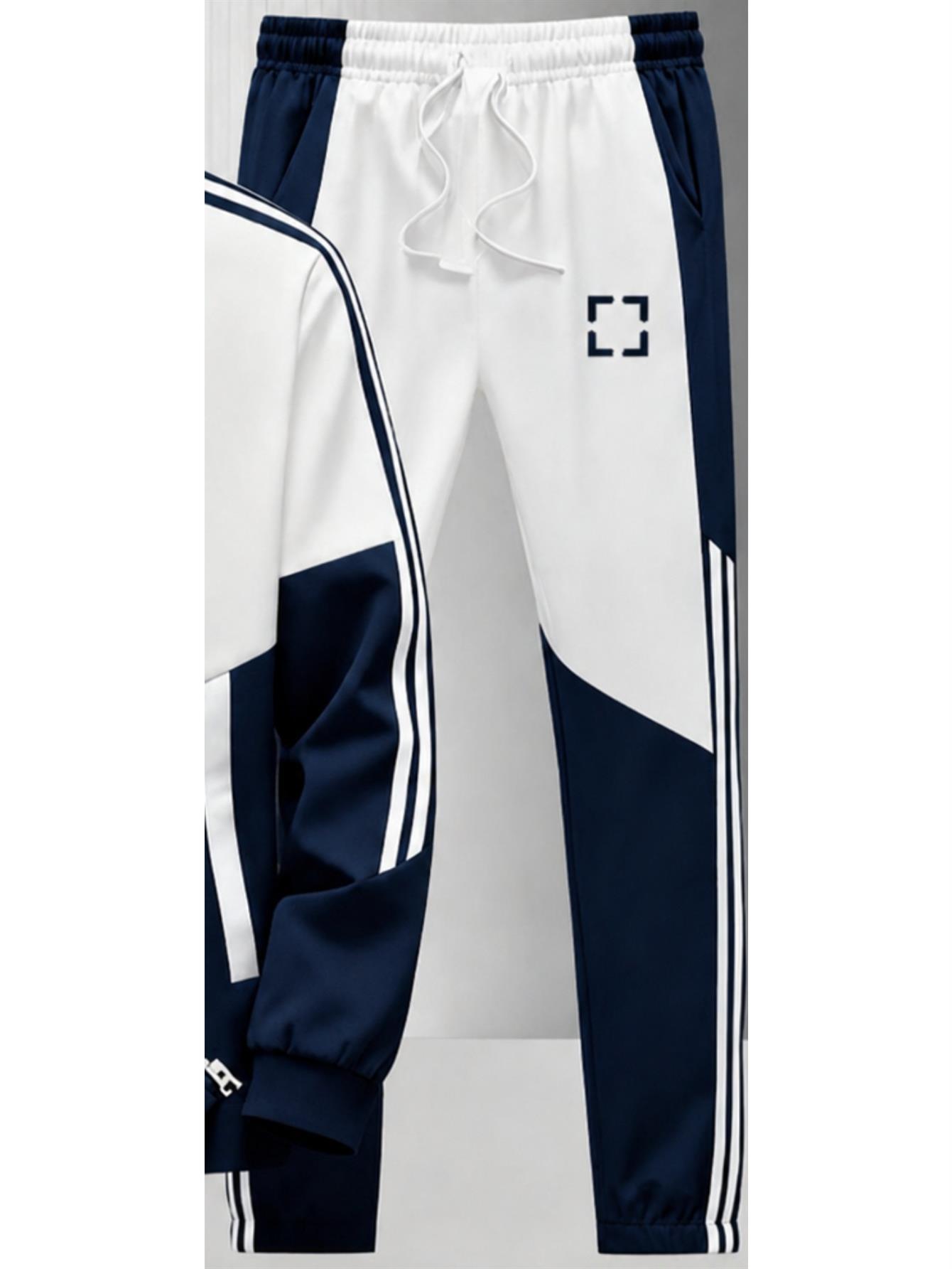Men's Geometric Print 2pcs Tracksuit Set in White & Navy Blue
