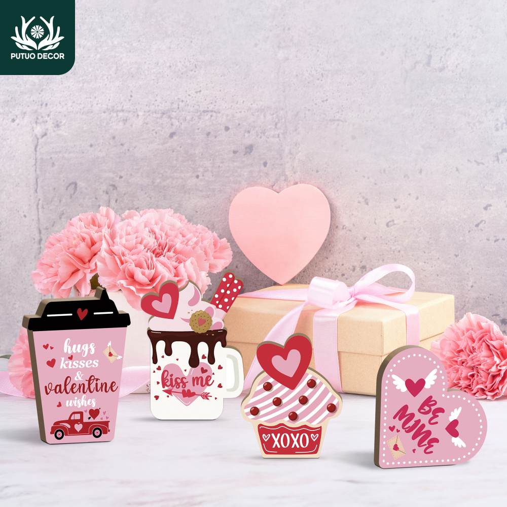 

4pcs Putuo Decor Valentine's Day Wooden Table Decor Set - Heart-shaped Ice Cream & Coffee Cups With "", "", "hugs & " Messages - Romantic Celebrations, Home & Display, Valentines Decorations