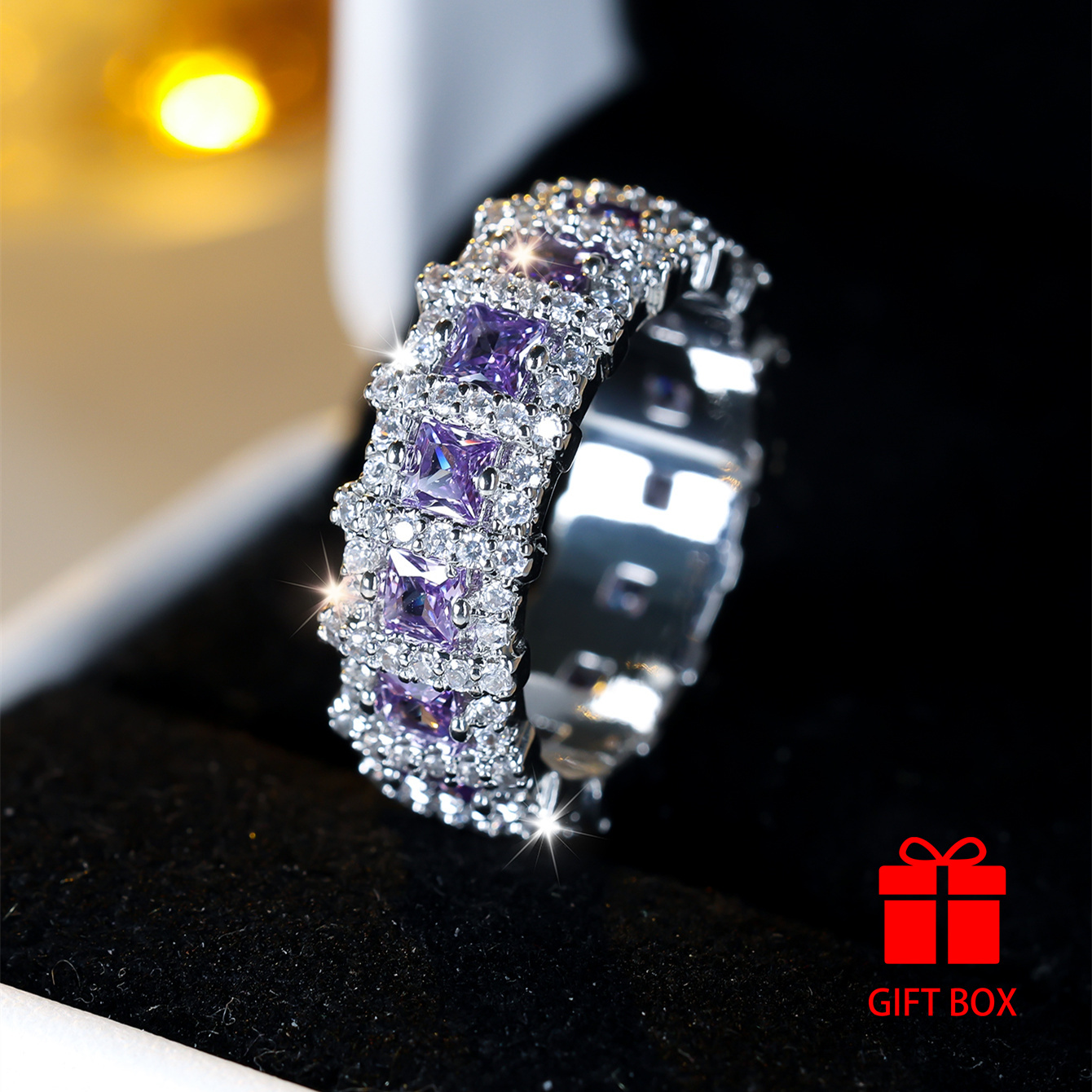 TEMU 1pc Shining Purple Synthetic Zirconia Silvery Ring, Luxurious Wedding Party Holiday Daily Wear, Durable, Shiny Accessory