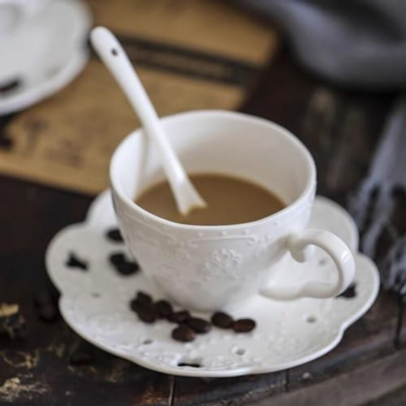 elegant white bone china ceramic cup and saucer set with floral embossing   coffee or tea ideal for home kitchen or breakfast use coffee bar accessories Product details 4