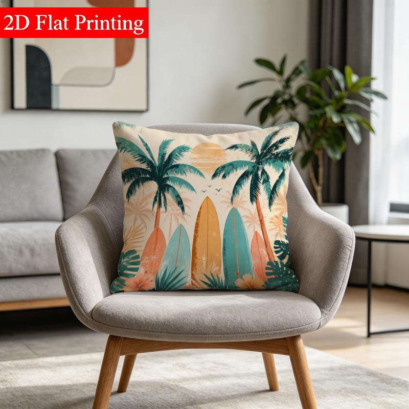 TEMU 2d Printed Double - Sided Pillowcase, 45*45cm, Palm Trees & Surfboards Tropical Pattern, Beachy Aesthetic, Suitable For Living Room, Bedroom,