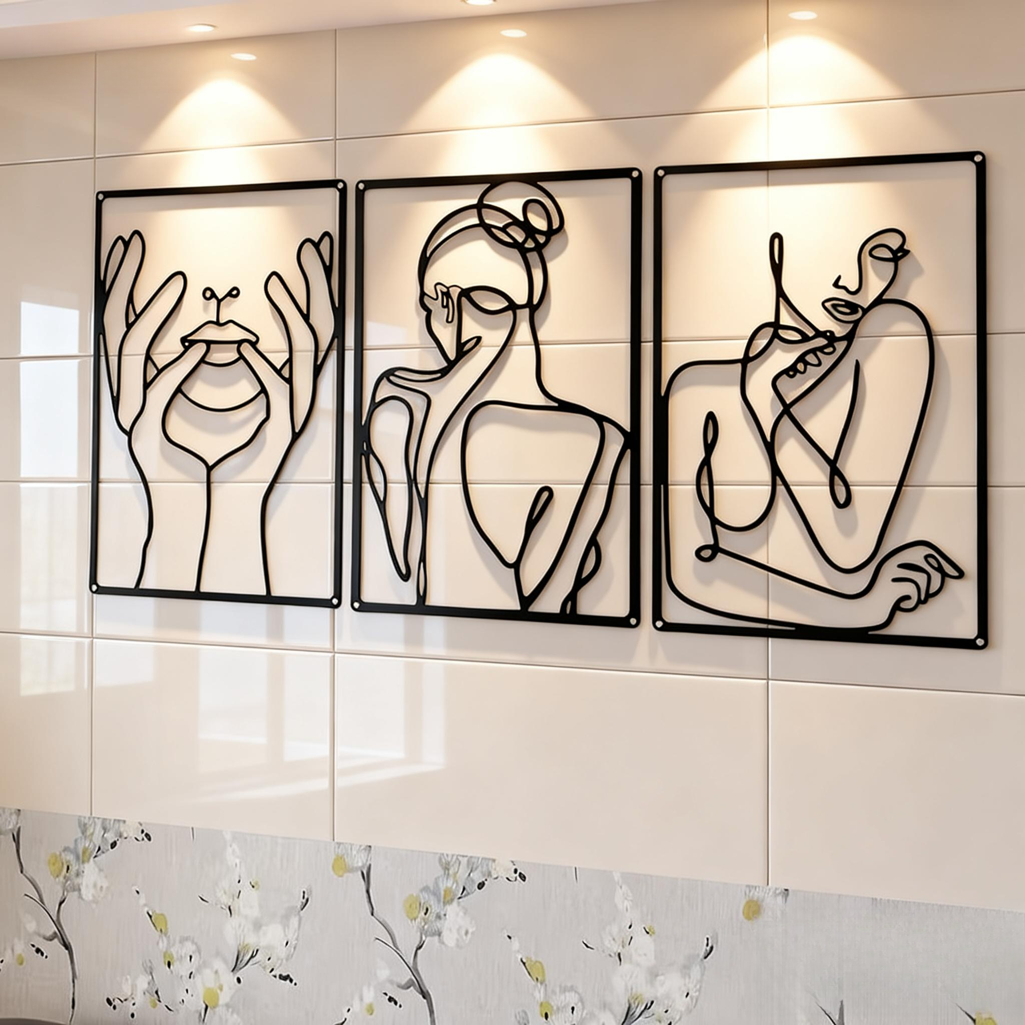 TEMU 【2d Flat】 [2d Flat] 3pcs Abstract Metal Wall Art Set | Modern Minimalist Line Painting Decor, Suitable For Living Room, Bedroom, Kitchen,