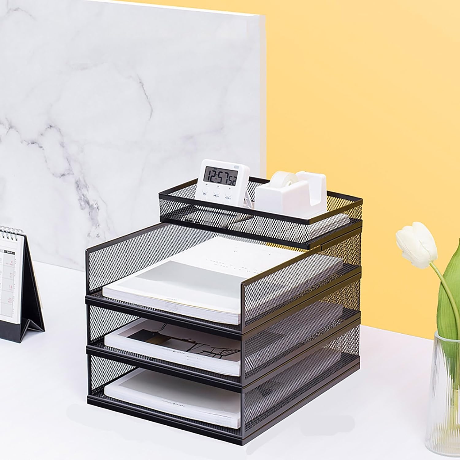 Image of Four-level Stackable Letter Trays For Organizing Papers On Your Office Desk, Complete With A Pen Holder