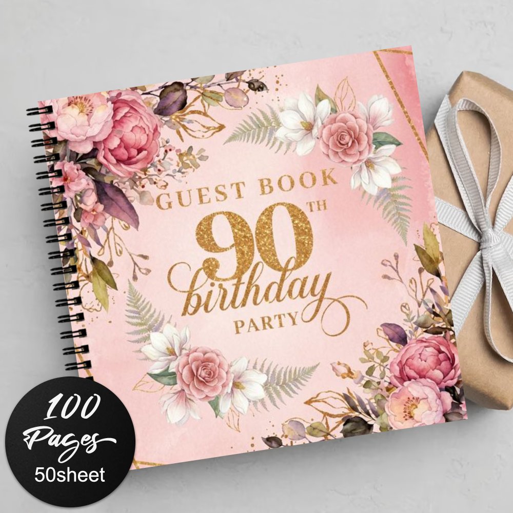 TEMU 1pc Guestbooks 90th Birthday Guest Book Pink Golden Watercolor Floral Glitter Design Spiral Notebook Journal, Wonderful 90th Birthday Party