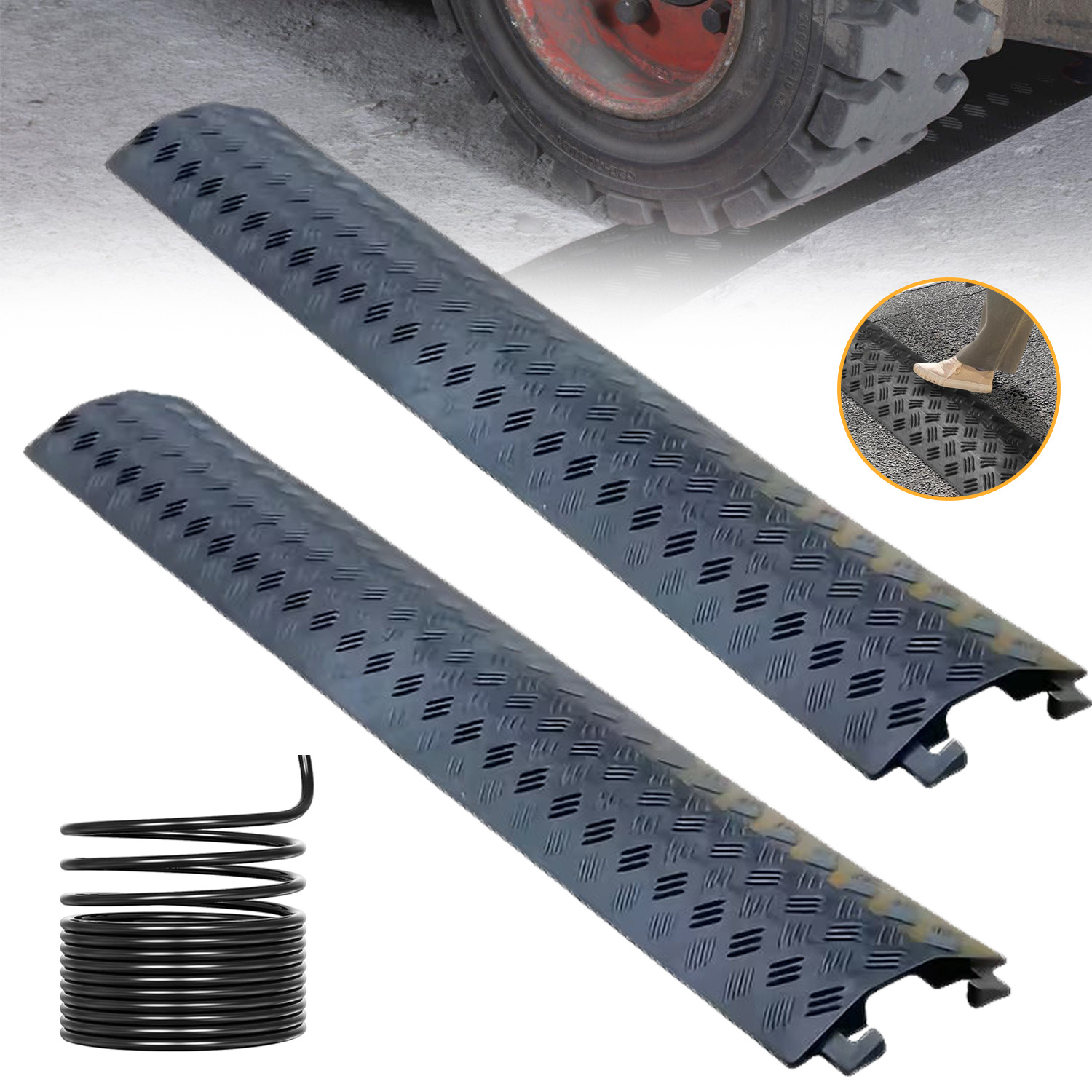 Image of Cable Floor Ramp, Drop Over Hose And Cable Track Protector, For Outdoor Driveway Sidewalk Hotel Road Walkway, 2-pack