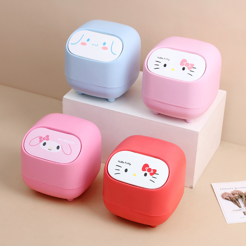 Sanrio HelloKitty Desktop Trash Can with Quiet Close Lid - Cute Character Design, Compact Plastic Bin for Home Office Kitchen Bathroom, Pastel Colors (Light Blue, Pink, Red)