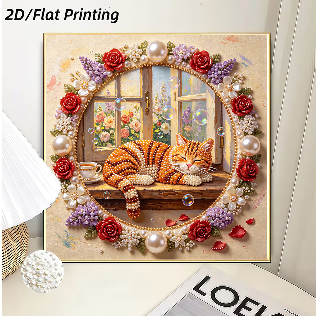 TEMU New Diy Frameless Pearl Painting, [handmade Creative Diamond Painting Pendant Featuring A Design Of An Sleeping By The Window, Includes Pearls
