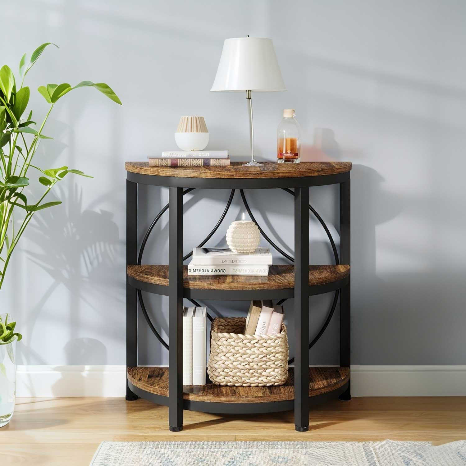 TEMU Table d'appoint demi-ronde avec étagères - Table latérale à 3 niveaux, de place, robuste pour , montage, marron rustique (Compatible salon,
