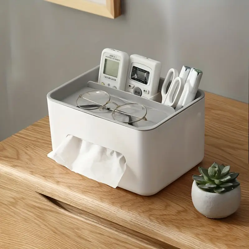 1 Stück Schreibtisch-Organizerbox aus poliertem Kunststoff mit Taschentuchhalter und Spannhalterung, multifunktionale Aufbewahrung für Fernbedienungen, Bürobedarf, leichtes, tragbares Design für den Heim- und Bürogebrauch, Details 1