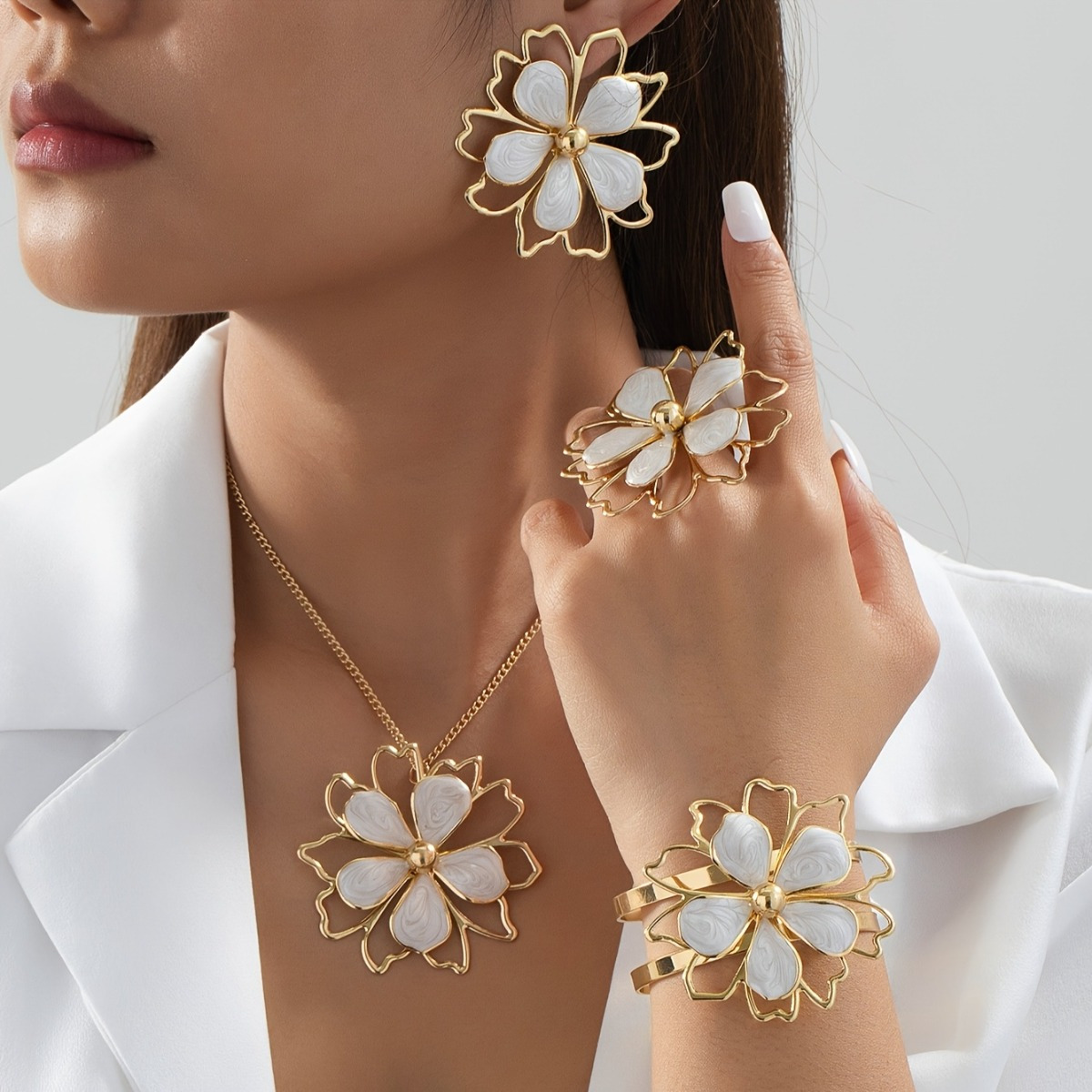 TEMU 5pcs Set - Bracelet, Ring, Earrings, And Necklace Fashion Women's Jewelry Set - Elegant And - Irregular Hollow Thread And - Suitable For Daily Wear And Party - Perfect Gift For Women's Dating