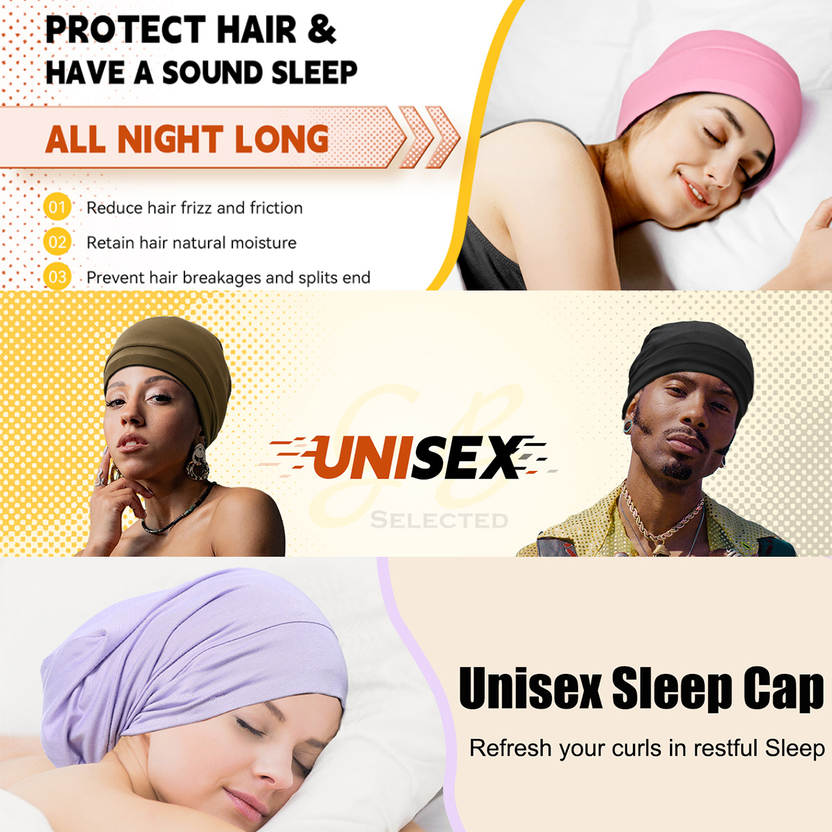 Jemis Silk Lined Silk Sleep Cap, No More Frizzy Tangled Hair, Stay On All Night Adjustable Hair Wrap for Sleeping