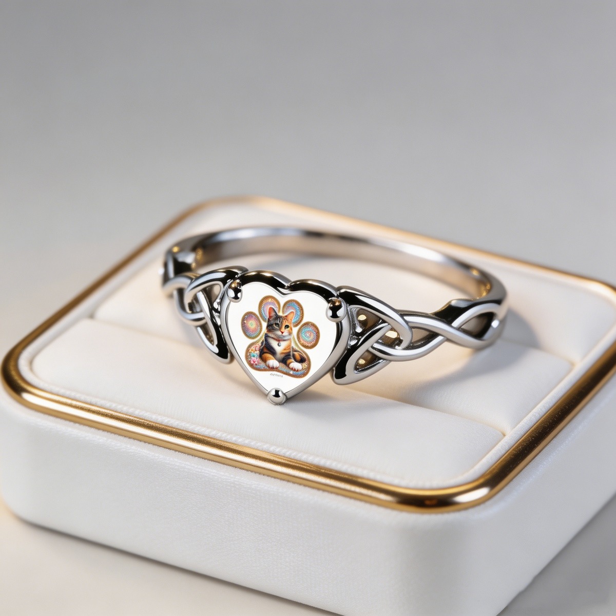 Women's Heart-Shaped Calico Tabby Cat Ring, Celtic Infinity Knot