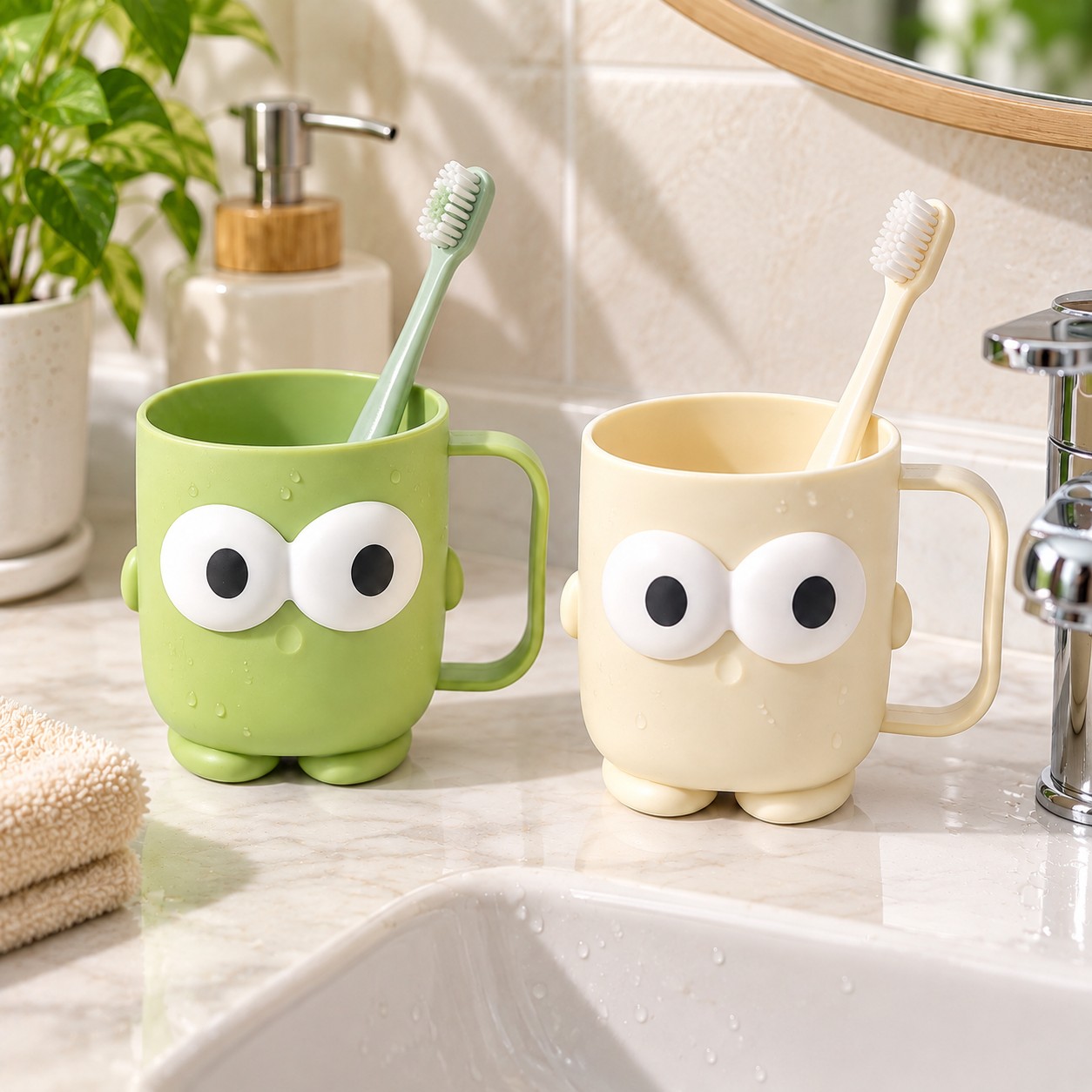 TEMU 2pcs Cartoon Toothbrush And Mouthwash Cup Set, Light Green And Cream-colored Cute Big- Plastic Wash Cups With , Suitable For Daily Tooth