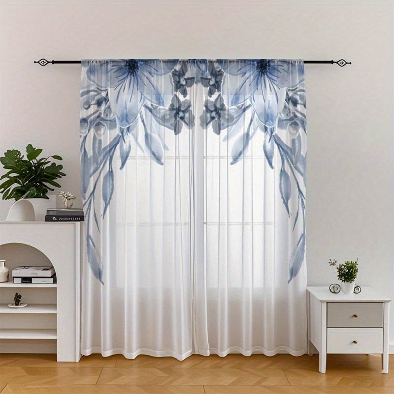 TEMU 2pcs Of Blue Floral Decorative Window Curtains, Elegant And Romantic Atmosphere Suitable For Window Decoration In Bedrooms And Living Rooms, As