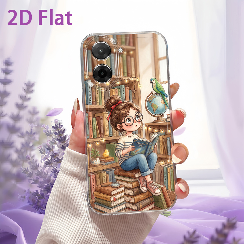 TEMU Phone Case: 2d Flat Little Girl Reading A Book Pattern Phone Case, Suitable For Redmi 12c 13 14c 15 5g 15c 5g A3 A5 4g Note 10 11s 12 13 14