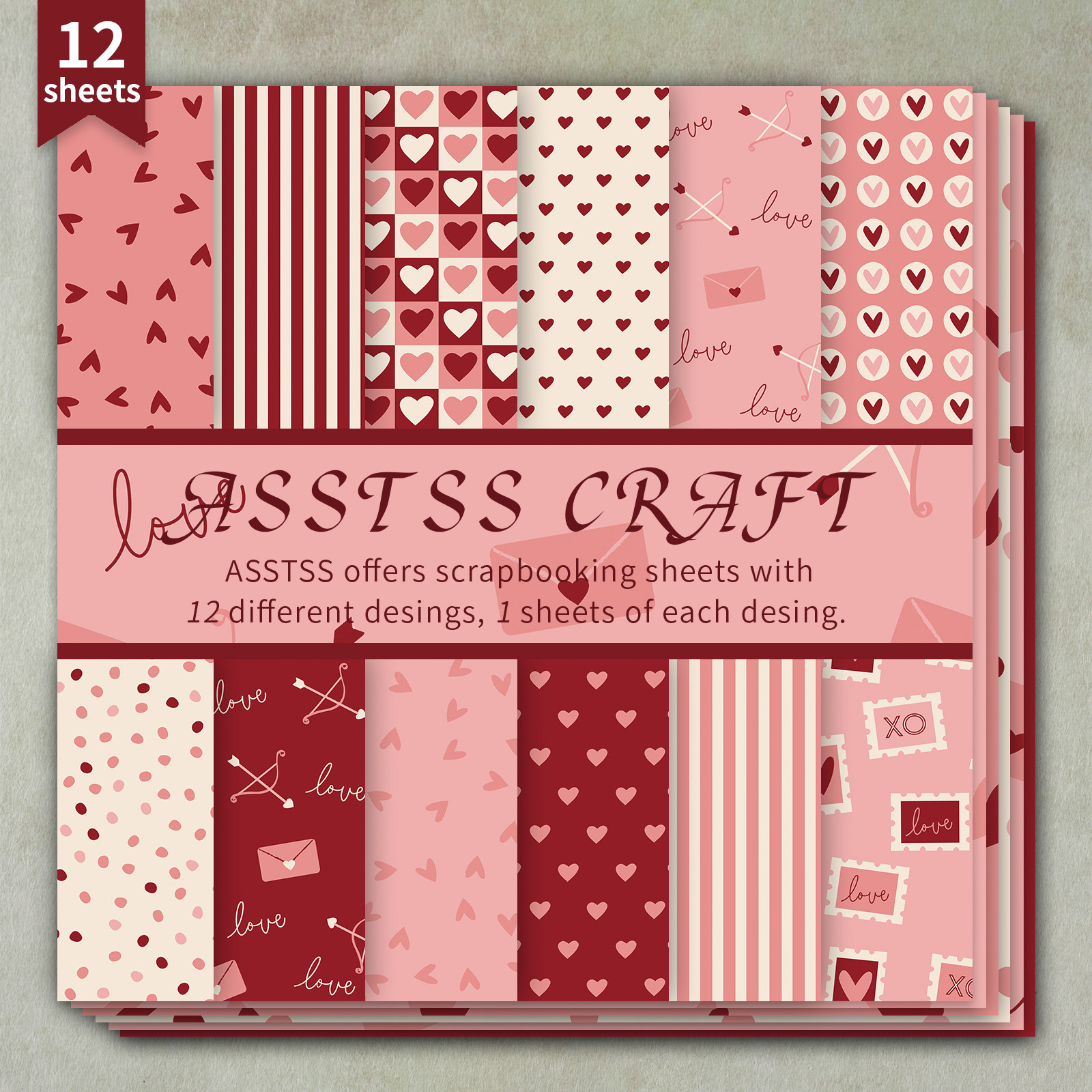 Blok za scrapbooking s 12 listi ASSTSS 6*6-palčnih, Valentinovo rožnato-bordo sladkega sloga podložni papir, težek karton za journaling, kolažno