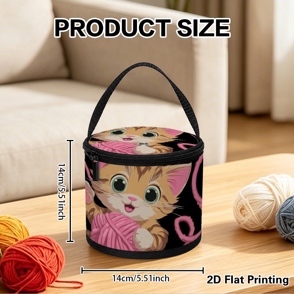 TEMU 1pc Yarn Storage Organizer, Lovely Cute Kitten Pink Yarn Ball Pattern, Collapsible Zipper Lid With Yarn Outlet Hole, Portable Handle. Nice Gift