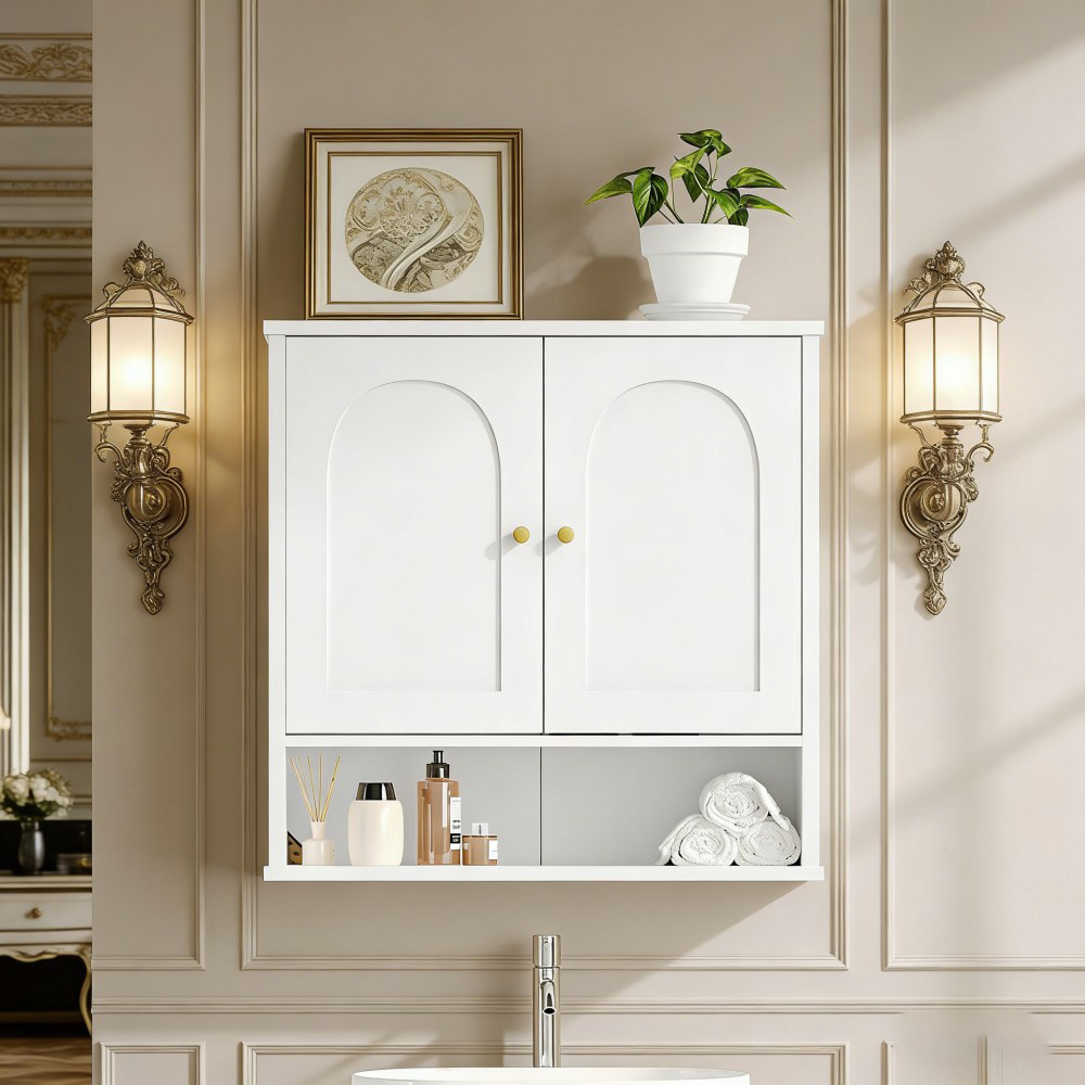 Wall Cabinet, Bathroom Cabinet, Wall Cabinet For Toilet And Over Sink, With 2 Doors, And Adjustable Shelves Medicine Cabinet, White With Wood Grain