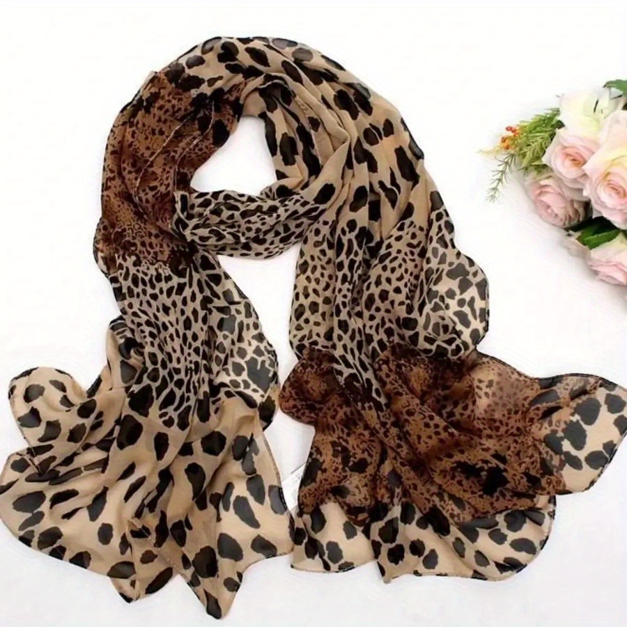 TEMU Elegant 1pc Women' Brown Leopard Pattern Chiffon Printed Scarf, Suitable For Daily Wear And Autumn And Winter