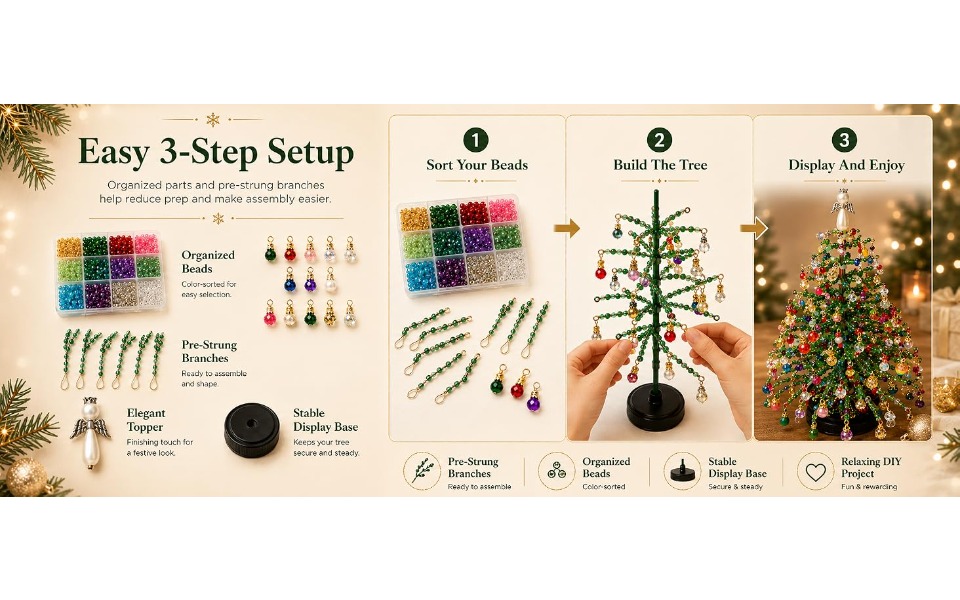 beaded mini christmas tree making kit handcrafted tabletop xmas tree decor with multicolor   ornament pendants wire additions   2pcs christmas greeting cards   gift for   christmas new year present Product details 11