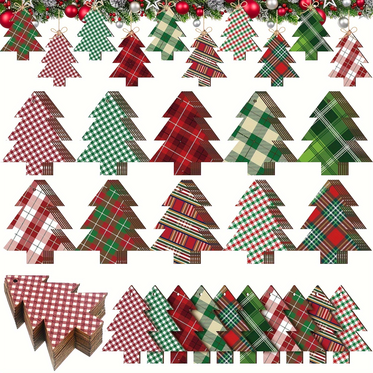 TEMU Adornos planos 2D para árbol de Navidad de madera, 30 piezas - Coronas colgantes navideñas en , verde, dorado, y marrón - No requiere