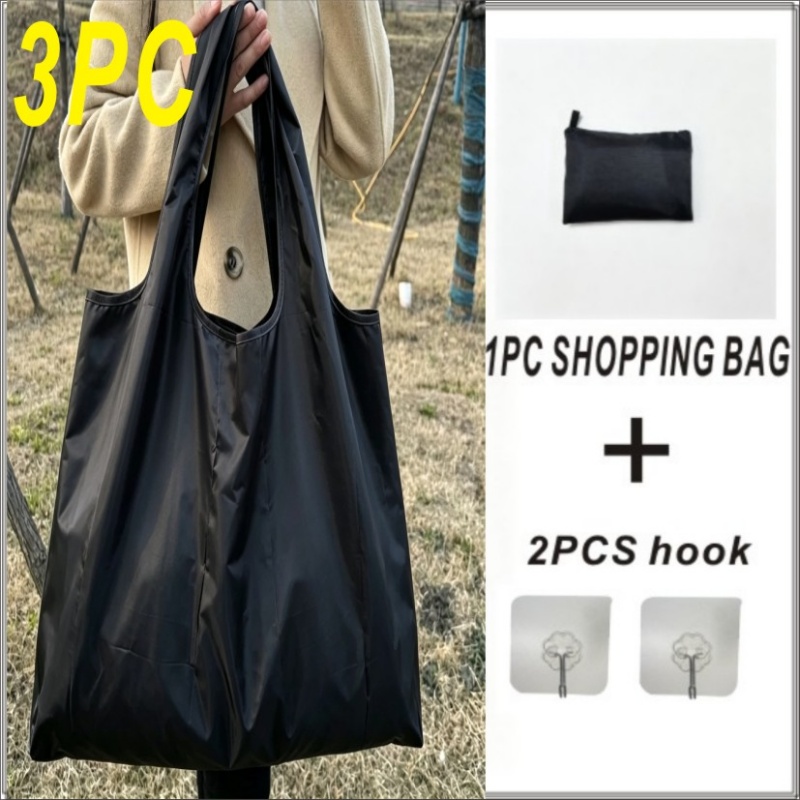 TEMU 3pcs Set: 1 Large-capacity Reusable Shopping Bag + 2 Transparent Storage Hooks, Black Lightweight Portable Large Tote Bag | Sturdy Durable