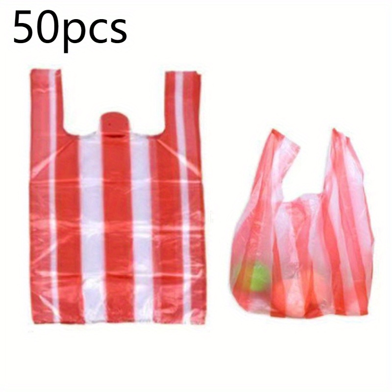 50 Red And White Striped Retro Plastic Bags, Polypropylene Shopping , Trash Bags With Thickened Handles - Durable Plastic