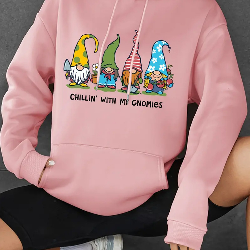 

1pc Women's Casual Polyester Hoodie With Geometric Gnomes Print, Long Sleeve Pullover With Drawstring Hood, Knitted Lettering, For Autumn/winter