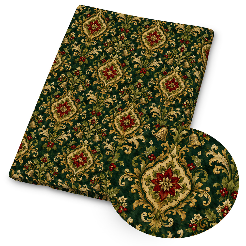 TEMU 1pc Vintage Christmas Print Fabric - 59 X 19.68 Inches (150 X 50cm) Pre-cut Polyester Fabric With Floral Pattern - Suitable For Diy Sewing,