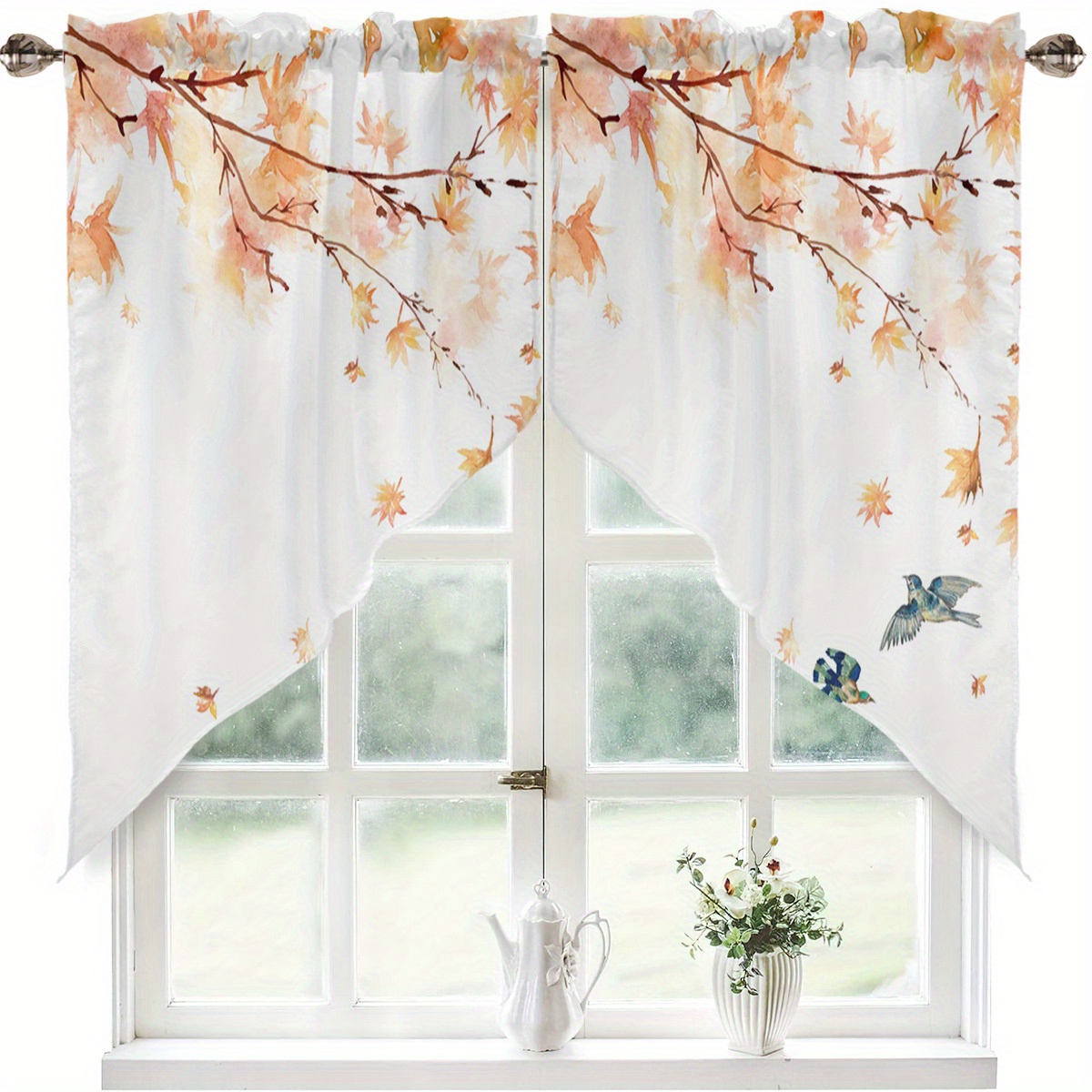 TEMU 2pcs Maple Watercolor Elements Autumn Style Small Triangle Curtains, Kitchen Curtain Curtains Home Decor Window For Room Small Windows With Rod