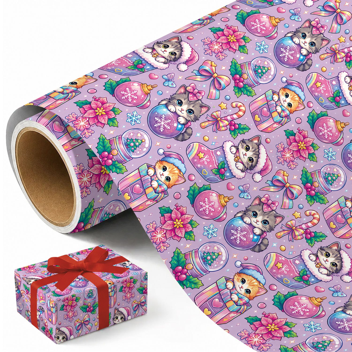 TEMU 1 Rouleau de Noël Violet - Chat de Noël, Motif de Étoile de Noël, pour les Fêtes - Mesurant 45Cm X 300Cm (17.7In X 118In)