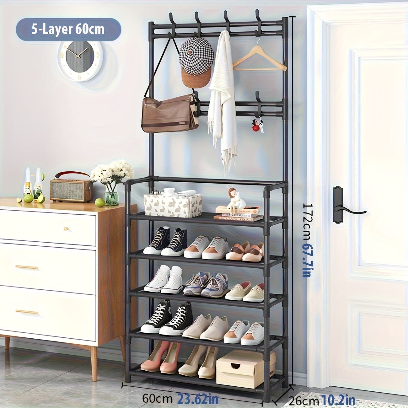 Heavy-Duty 5-Tier Metal Shoe Rack with Hooks | Thickened Double-Layer Storage Design, Stable, Durable And Pressure-Resistant | Multifunctional Storage Rack for Entryway/Corridor/Bedroom/Office, Integrated Storage for Shoes, Hats, Bags And Umbrellas
